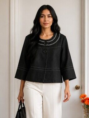NG Collection | Plus Black Bell Sleeve Jacket with Contrast Stitching